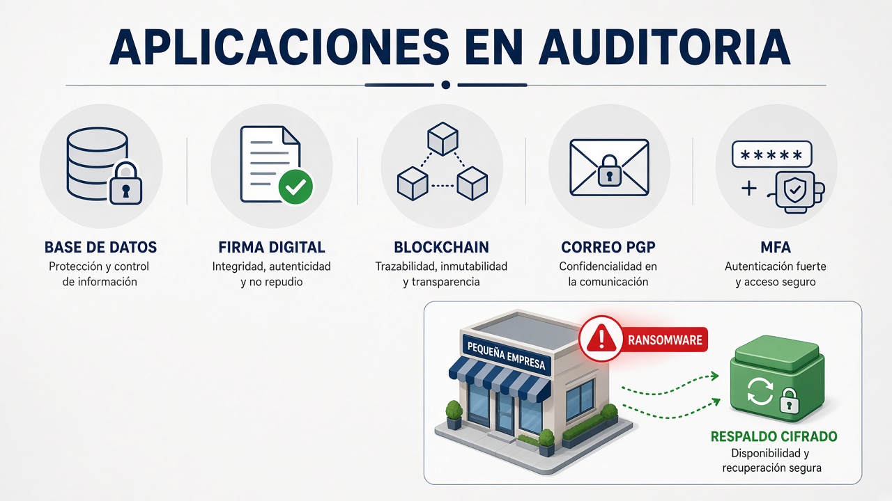 Cinco controles de auditoría: base de datos, firma digital, blockchain, correo PGP y MFA, con respaldo cifrado frente al ransomware