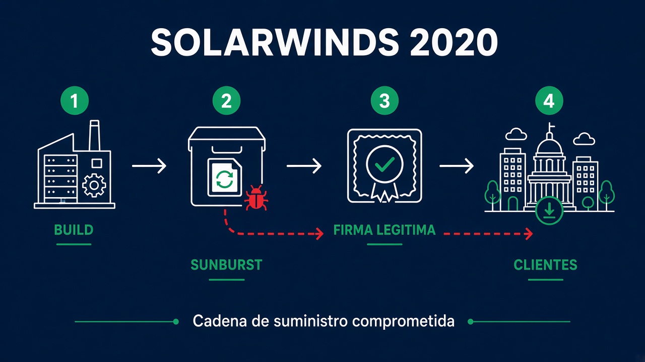 Diagrama: el backdoor SUNBURST viaja oculto en una actualización firmada desde el build hasta los clientes