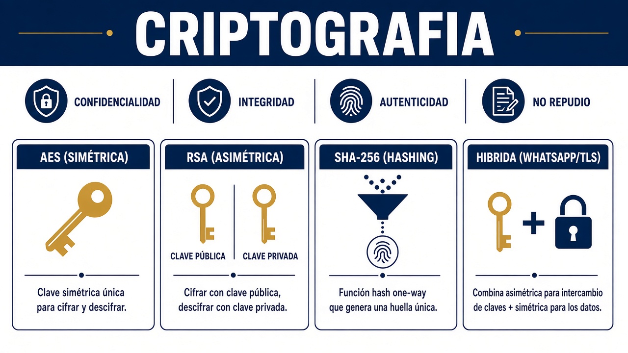 Objetivos de la criptografía y técnicas AES, RSA, SHA-256 e híbrida