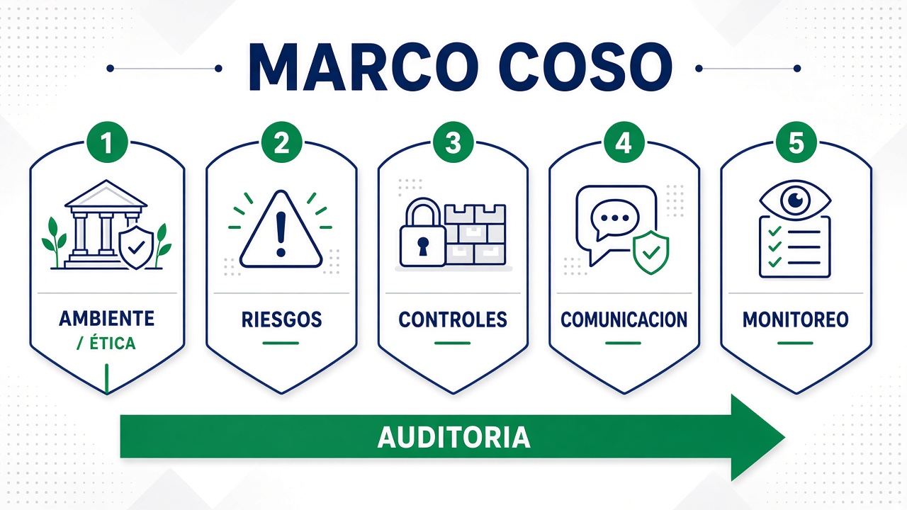 Los cinco pilares de COSO: ambiente, riesgos, controles, comunicación y monitoreo