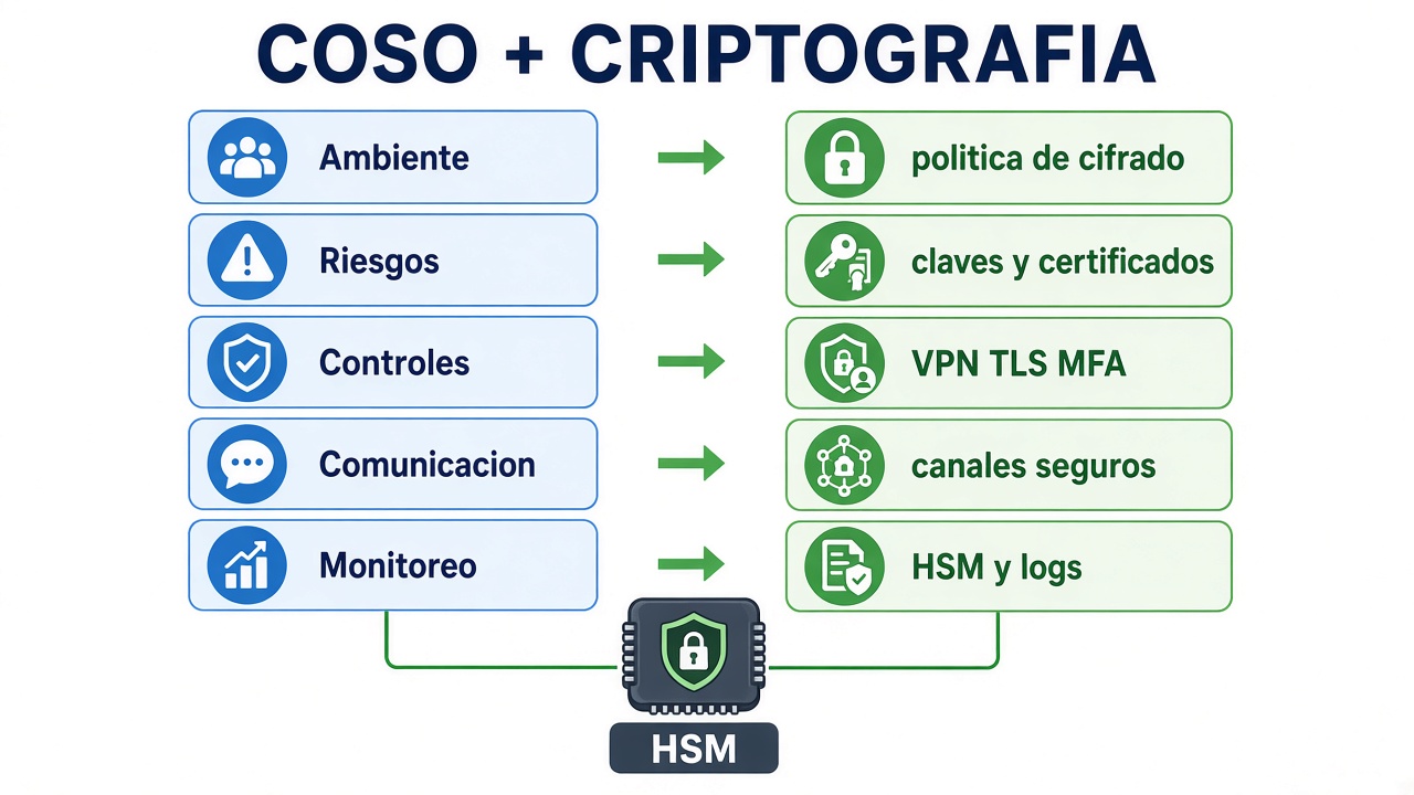 Mapa: cada componente COSO se une a un control criptográfico, con HSM al final